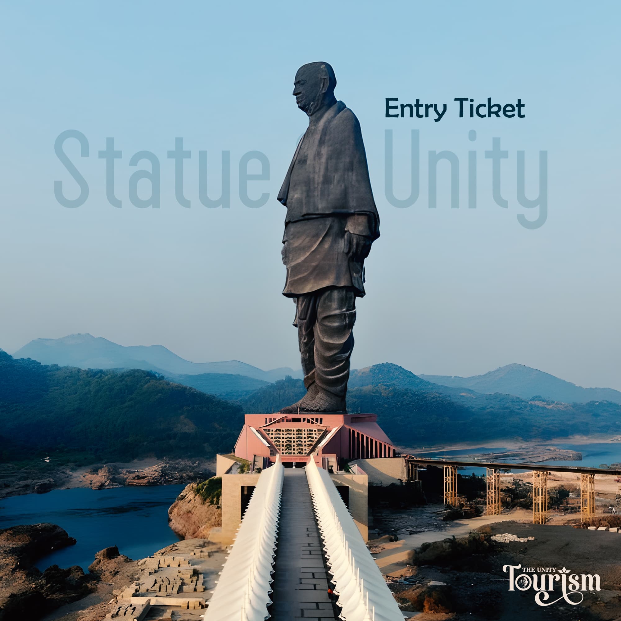 Statue of Unity entry ticket view with scenic landscape and bridge in Gujarat, India