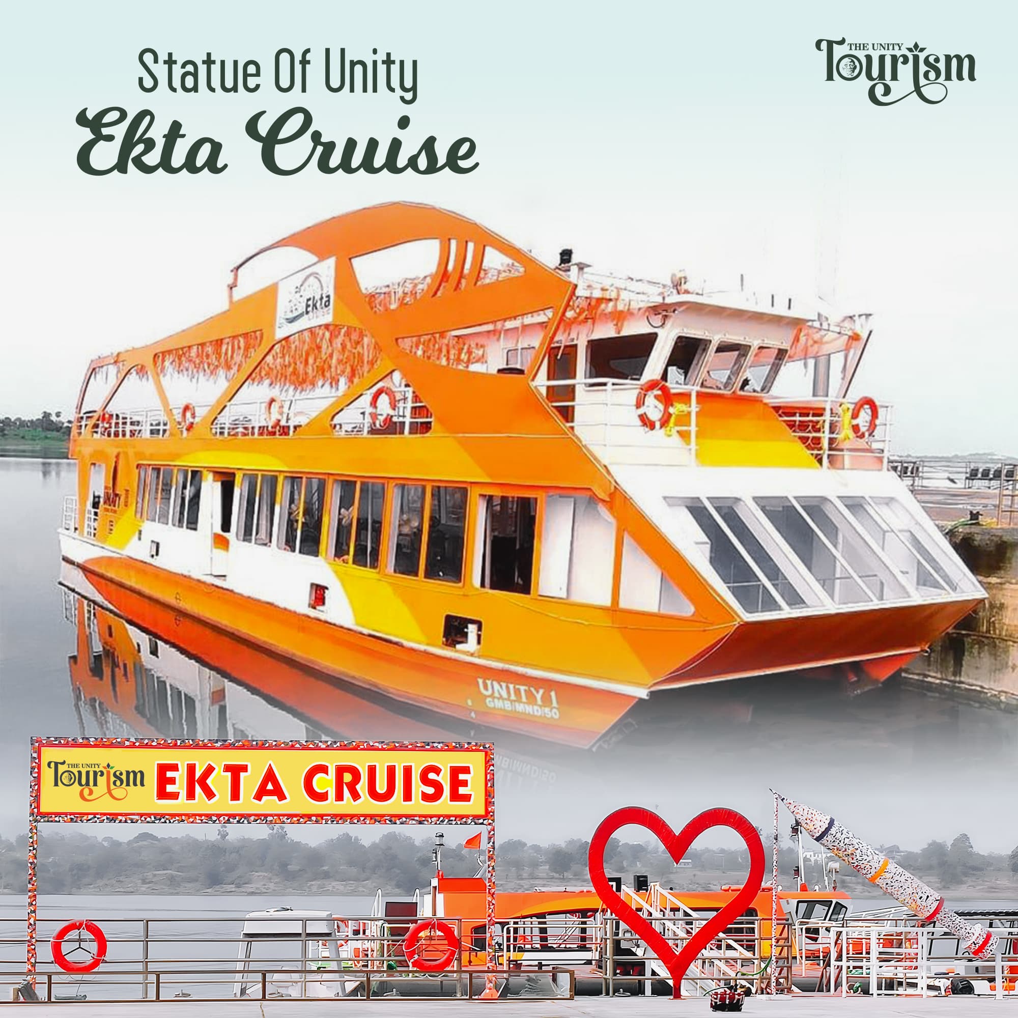 Statue of Unity Ekta Cruise boat docked on the Narmada River by day.