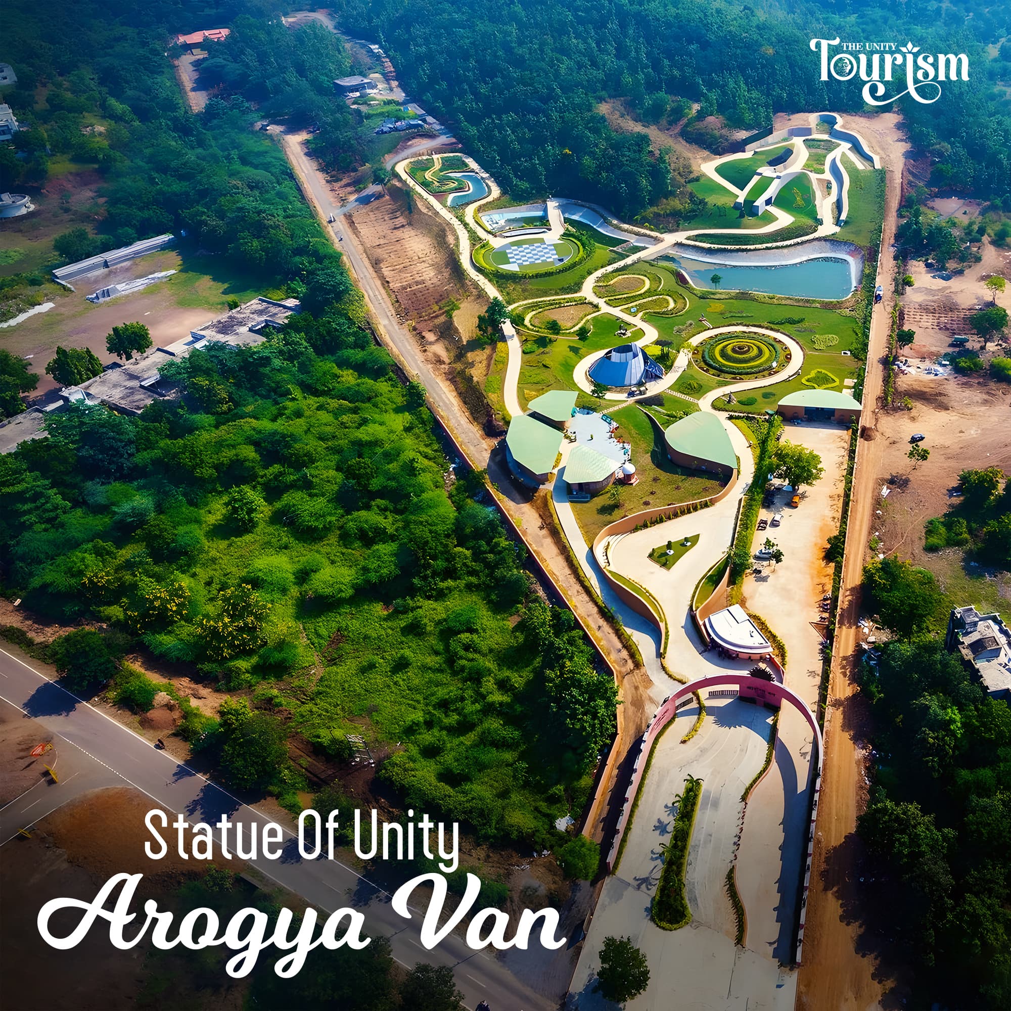 Aerial view of Arogya Van at Statue of Unity, showcasing lush greenery, wellness gardens, and modern infrastructure