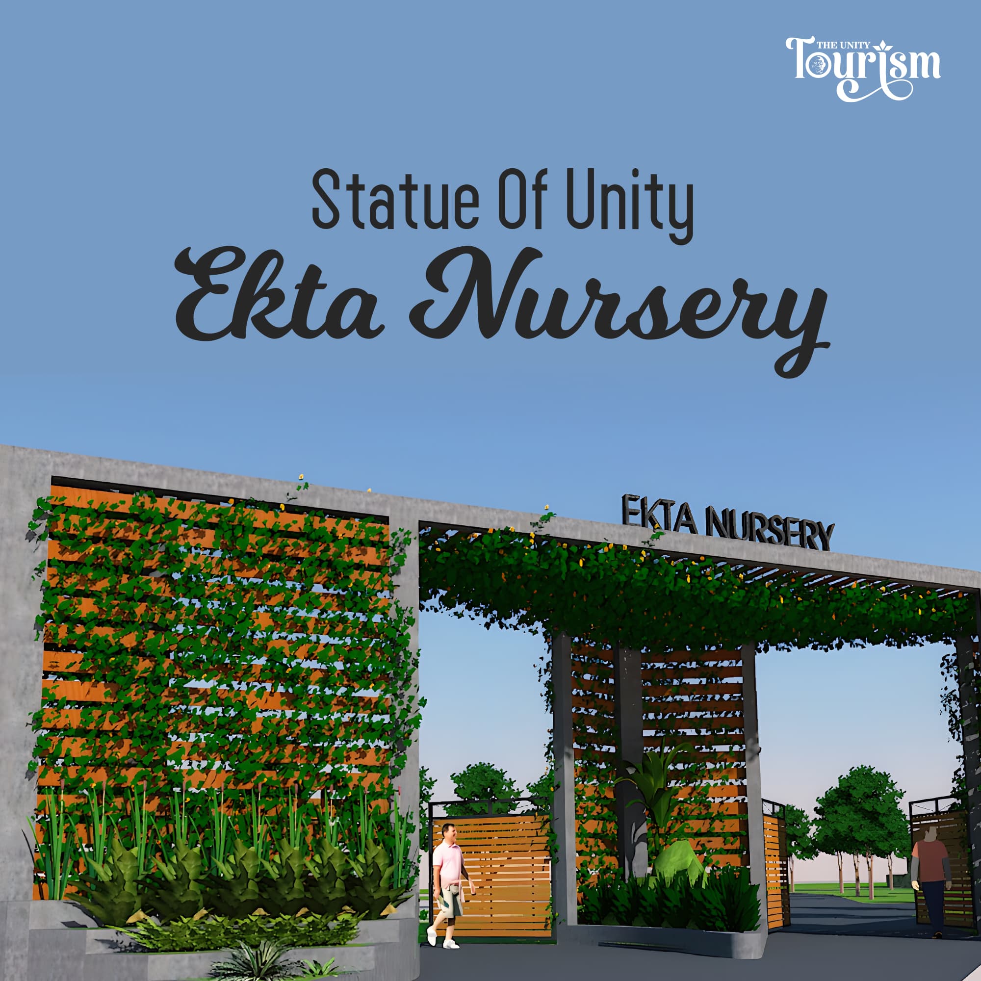 Entrance view of Ekta Nursery at Statue of Unity showcasing green walls and eco-friendly design