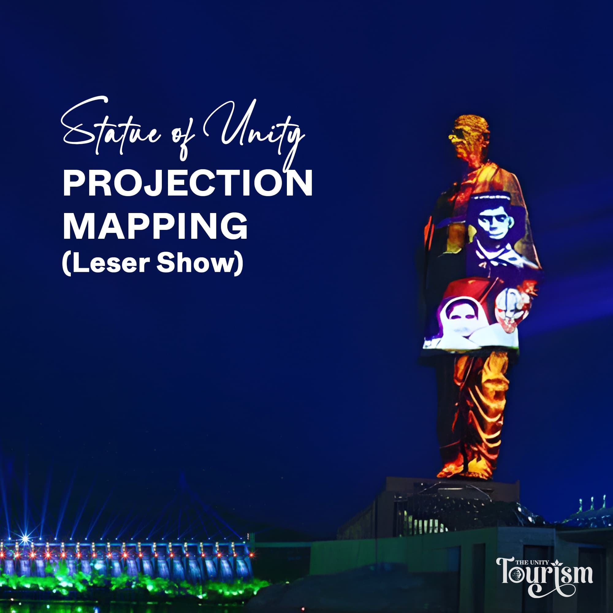 Colorful projection mapping light show on the Statue of Unity at night.