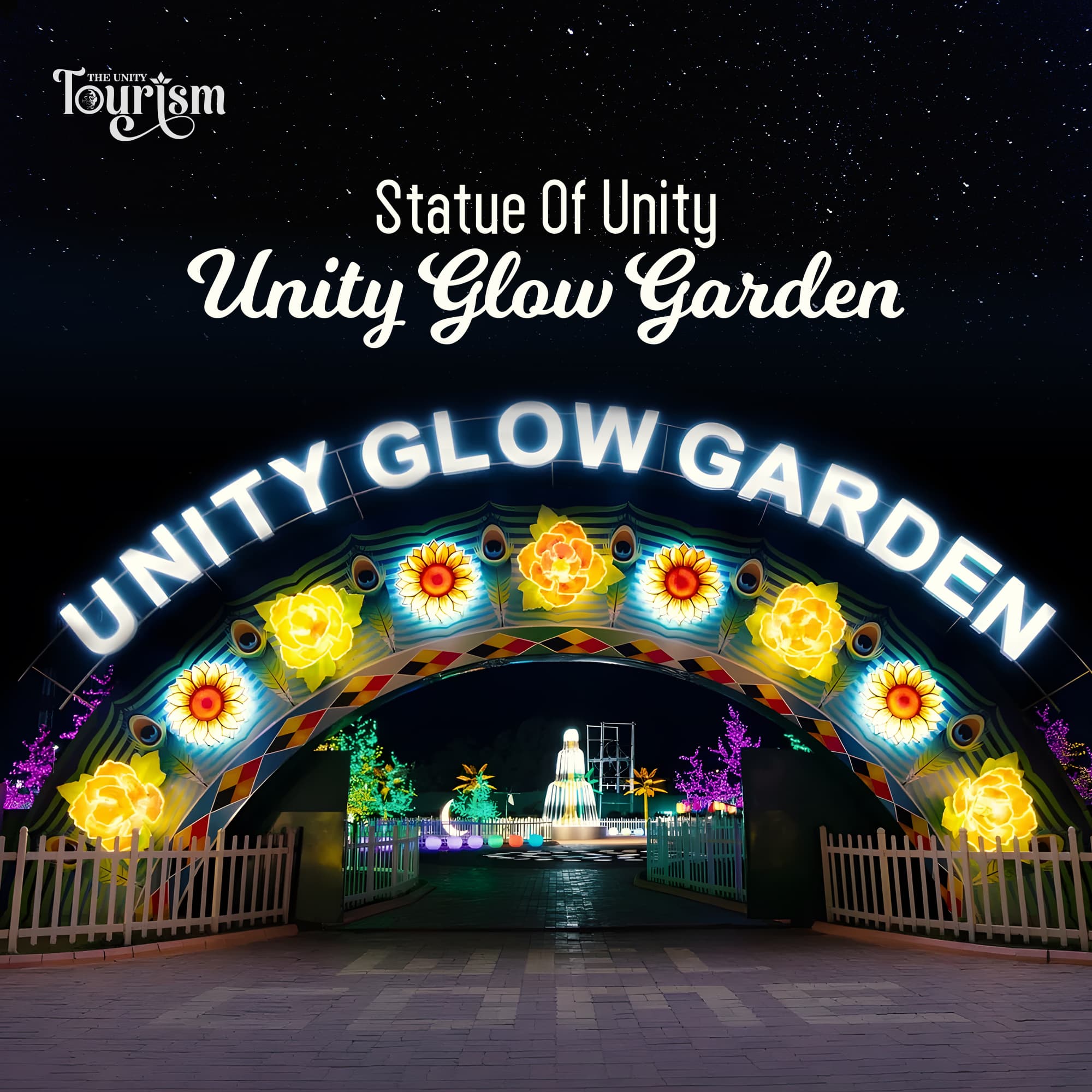 Unity Glow Garden at Statue of Unity illuminated with colorful lights and floral decorations at night