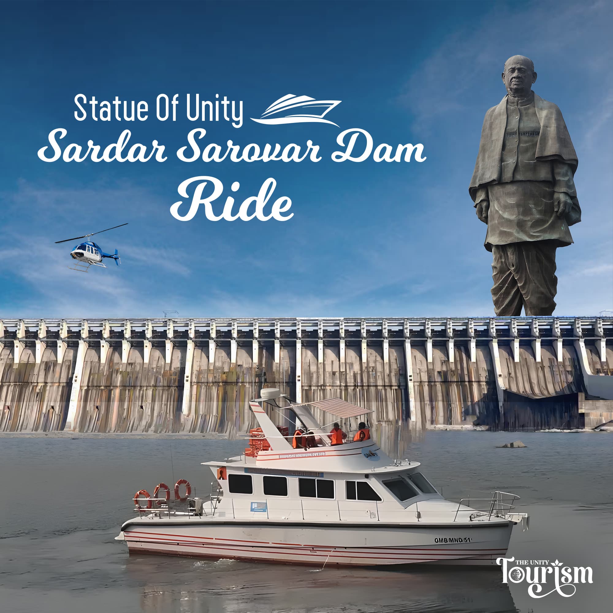 Sardar Sarovar dam, Statue of Unity, cruise boat and helicopter on blue sky background.